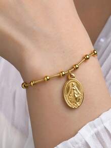 1pc Fashion 18K Silver-Tone Vacuum Plated Stainless Steel Virgin Mary Pearl Decor Ladies Bracelet