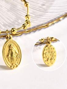1pc Fashion 18K Silver-Tone Vacuum Plated Stainless Steel Virgin Mary Pearl Decor Ladies Bracelet