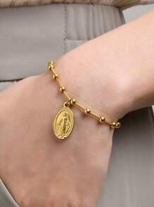1pc Fashion 18K Silver-Tone Vacuum Plated Stainless Steel Virgin Mary Pearl Decor Ladies Bracelet