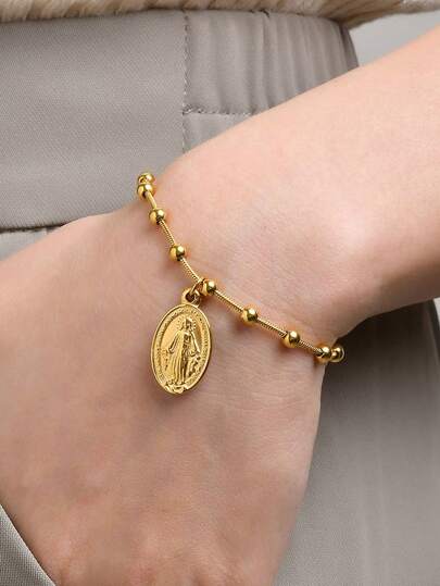 1pc 18K Gold Vacuum Plated Stainless Steel Virgin Mary Bead Chain Bracelet For Women, Summer, Christian, Stainless Steel Jewelry, Jewelry For Women, Buddhist Bangle, Charm, Vest, Beauty, Gifts For Women