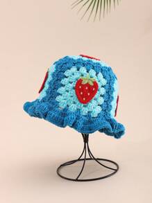 1pc Women's Adorable Casual Y2K Style Fashionable Contrast Color Hand-Crocheted Strawberry Applique Decor Bucket Hat For Outdoor, Traveling, Daily Wear