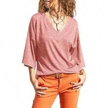 Women's 3/4 Sleeve T-Shirt Summer V-Neck Top Vintage Cotton Basic T-Shirt - Pink - View 1