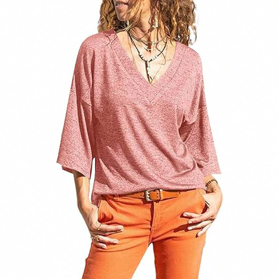 Women's 3/4 Sleeve T-Shirt Summer V-Neck Top Vintage Cotton Basic T-Shirt - Pink - View 1