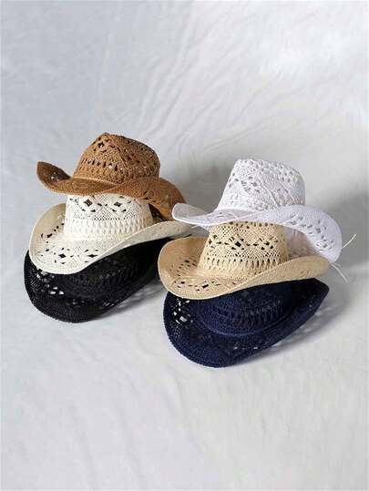 1 peça Chapéu de Cowboy Ocidental Feminino com Aba Larga, Chapéu de Palha Trançada, Protetor Solar, Adequado para Atividades ao Ar Livre como Escalada, Acampamento, Praia, etc. Chapéu de Cowgirl Cowboy