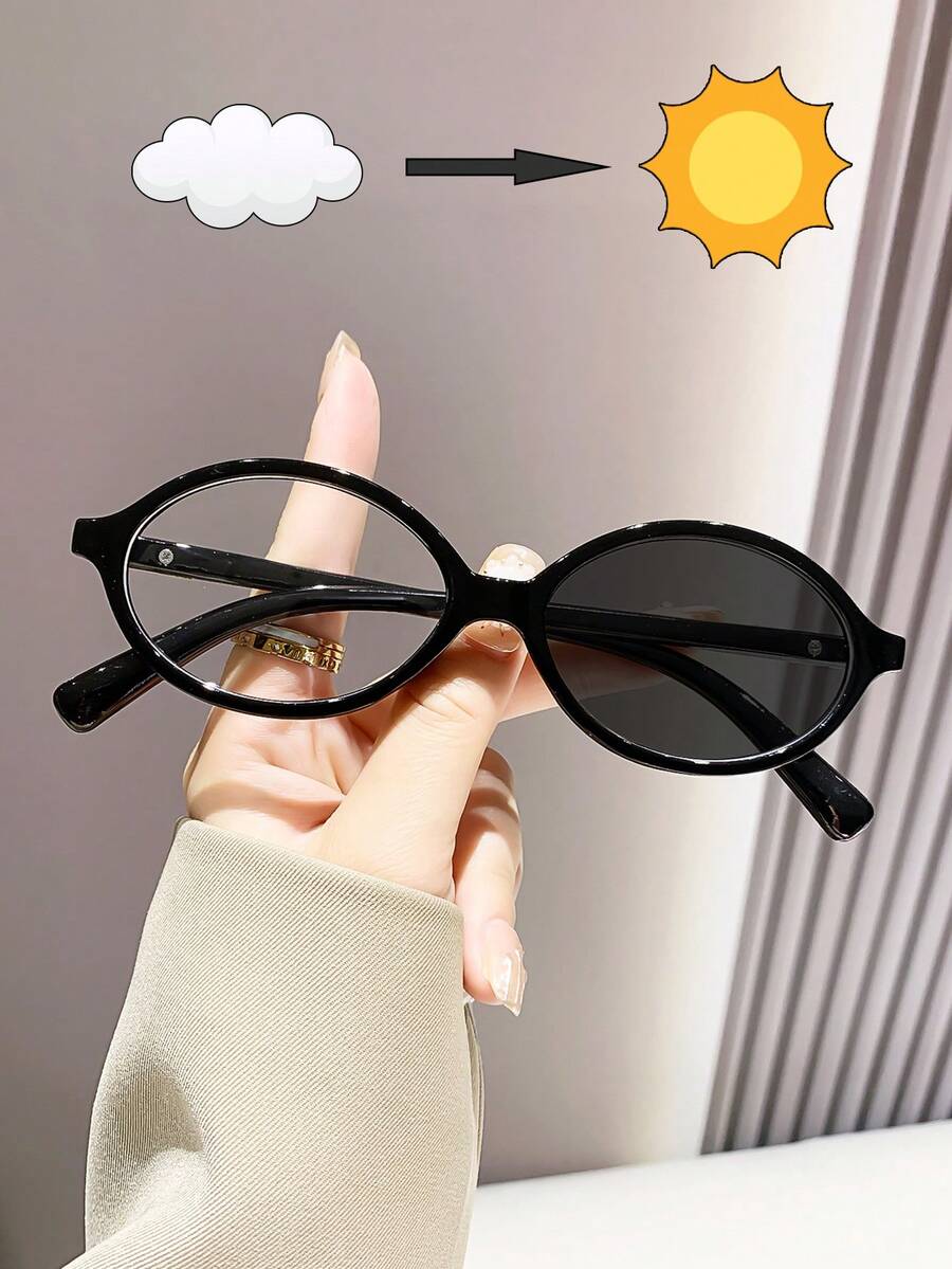 中性色變太陽眼鏡，塑膠框架，時尚經典設計，適用於戶外旅行，海灘度假，電腦閱讀/遊戲/電視/手機使用，復古小橢圓框架，學院風格，防藍光眼鏡 - 彩色 - 查看 1