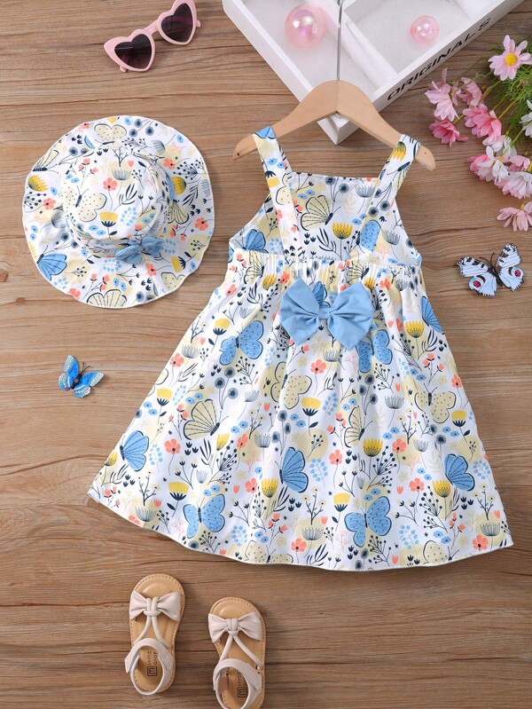 Young Girl Flowers Graphic Bow Back Princess Cami Dress & Hat Set For Party Beach Vacation Young Girl Summer Clothes,Young Girl Clothes Girls