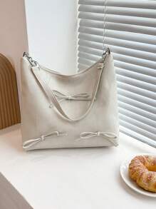Fashionable Solid Color Bow Decoration Large Bag, Simple Shoulder Bag, Suitable For Shopping, Wallets, Shopping, Young Women, College Students, Newcomers, White-Collar Workers. They Are Very Suitable For Offices, Universities, Work, Business, Commuting, Outdoor, Travel, And Outings