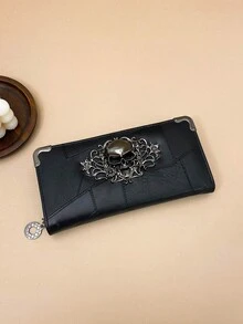 Fashion Skull Decor Zipper Matte Long Wallet Back To School Supplies - Black - View 3