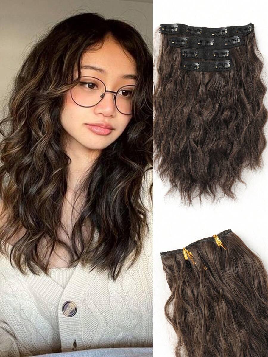 短捲合成髮夾髮片 4件組,適合厚髮女性的合成接髮片,漸層色,萬聖節用 - 棕色 - 查看 1