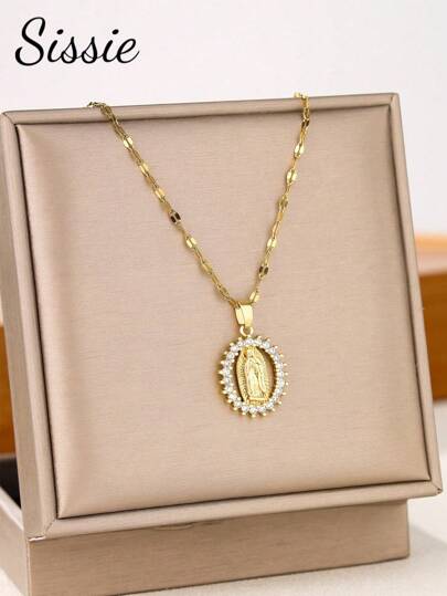 1 pieza de collar colgante de la Madre Virgen con circonita cúbica ovalada retro popular para niños - joyería de moda para fiestas y para llevar a diario, regreso a la escuela