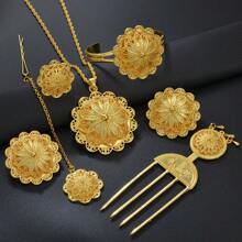 1set  Jewelry Sets Necklace Earrings Ring Hairpin Forehead Chain Bracelet Eritrean African  Bridal - Multicolor - View 7