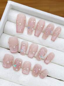 10 件仲夏之梦裸猫眼高档贝壳，甜美优雅棺材形手绘美甲可穿戴美甲套装，优雅经典，适合日常使用按压式指甲美甲用品美甲 - 彩色 - 查看 3