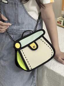 New Cute Cartoon Anime Girly Handbag Fashionable Color Block Portable Metal Chain Shoulder Crossbody Bag Simple And Stylish Cake Bag Suitable For Commuting, Daily Outings, Shopping And Dating.