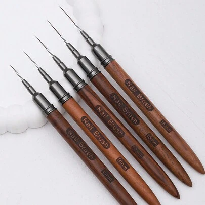 Bộ 5 cọ vẽ móng tay cán gỗ, bút vẽ móng tay cho các đường kẻ dài, chi tiết nhỏ, cọ vẽ móng tay, cọ vẽ đường kẻ sọc nghệ thuật móng tay có nắp kim loại