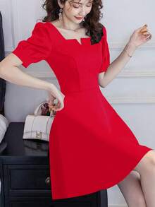 French Style Notched V Neck Short Sleeve Waist Dress - Red - View 4