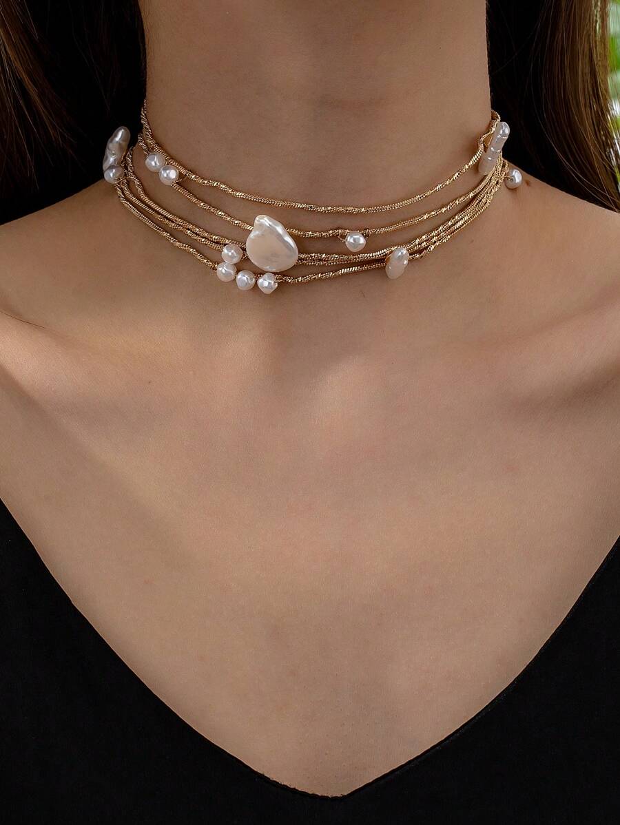 1 pieza Collar de cadena retorcida de múltiples capas exquisito y a la moda con perlas y cobre para uso diario de mujeres - Multicolor - Ver 1