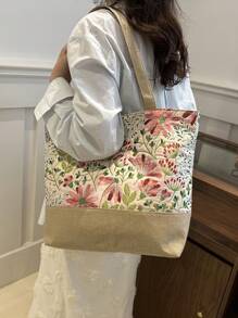 1pc Women's Fashionable High Capacity Tote Bag With Floral Pattern, Lightweight Painted Shoulder Bag, Casual Shopping Bag, Suitable For Women's Daily Commute, Students, Travel, Tourism, Work, Young Girls - Pink - View 6