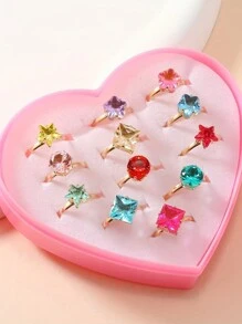 1set/12pcs Girls' Adjustable Cartoon Rings With Faux Gemstones ,Random Color And Style, Gold Color,With Box - Gold - View 5