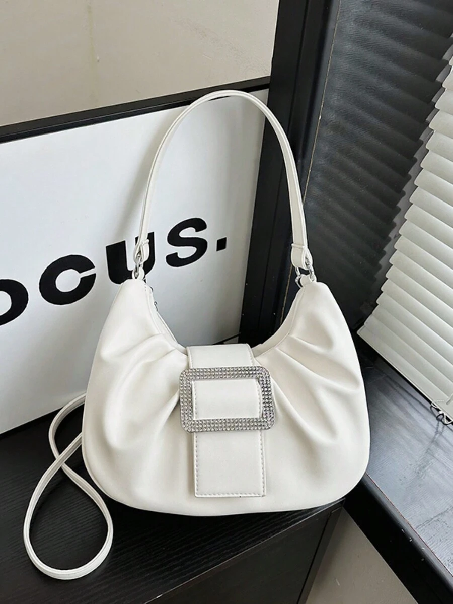 女士单肩马鞍包，大容量新月形包，带褶皱设计，白色单肩/斜挎包 - 白色 - 查看 1