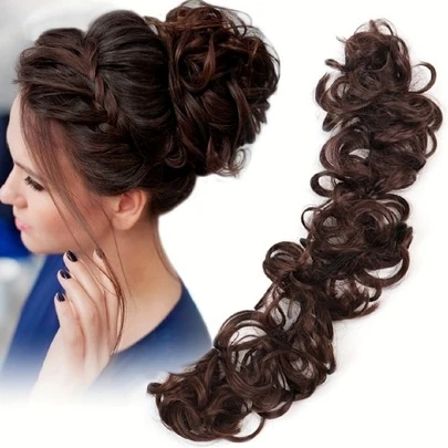 Messy Bun Elastic Hair Tie For Women, Synthetic Hair Extension With Twisted Ponytail And Wavy Bun
