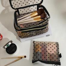 1入網格化女士化妝袋，雙層便攜大容量透明妝容袋，愛心網格旅行收納化妝袋