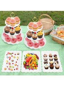 1/5pcs Plastic Cake Stand Dessert Plate Set, 2-Tier/3-Tier Dessert Display Rack, Round Multi-Layer Tray Suitable For Birthday, Wedding, Party - Pink - View 3