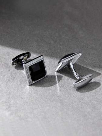 1 对黑色水钻装饰方形男士袖扣，时尚婚礼配饰