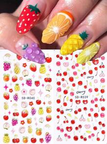 2 Hojas de Pegatinas de arte de uñas de verano con relieve 5D de frutas, Calcomanías de relieve de gelatina lindas de cereza, naranja y pera para decoración de manicura de dopamina - Multicolor - Ver 1