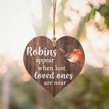 Rotkehlchen erscheinen, wenn geliebte Menschen nah sind - hölzernes, aufhängbares Herz Gedenktafel Schild, hölzerne Anhängeschild Plakette als warmes Geschenk für die Heimdekoration, Heimdekoration, Zimmerdekor, Wanddekoration
