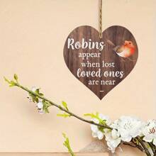 Rotkehlchen erscheinen, wenn geliebte Menschen nah sind - hölzernes, aufhängbares Herz Gedenktafel Schild, hölzerne Anhängeschild Plakette als warmes Geschenk für die Heimdekoration, Heimdekoration, Zimmerdekor, Wanddekoration