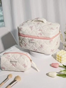 1 件粉色绗缝化妆包，配粉色蝴蝶结，可爱花卉化妆包，女士洗漱用品旅行收纳包，女孩印花，大号旅行复古绗缝化妆包，适合女士少女，妈妈礼物，生日礼物，送给朋友和老师的礼物，化妆包，化妆品收纳包，化妆品收纳袋，化妆包 - 粉色 - 查看 5