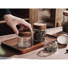 1 pieza Tarro de almacenamiento para condimentos con tapa de madera retro - Clásico contenedor transparente para organizar especias, té y talla grande - Accesorio para la cocina del hogar y viajes para preservación y organización