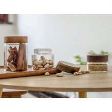1 pieza Tarro de almacenamiento para condimentos con tapa de madera retro - Clásico contenedor transparente para organizar especias, té y talla grande - Accesorio para la cocina del hogar y viajes para preservación y organización