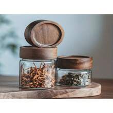 1 pieza Tarro de almacenamiento para condimentos con tapa de madera retro - Clásico contenedor transparente para organizar especias, té y talla grande - Accesorio para la cocina del hogar y viajes para preservación y organización
