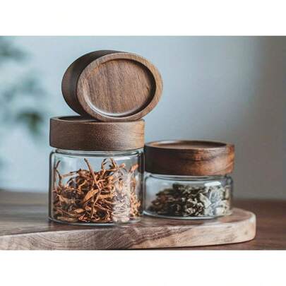1入組附復古木質蓋的調味品儲物罐 - 經典透明整理容器，適用於香料、茶葉等 - 家庭和旅行廚房保存和整理的必備配件