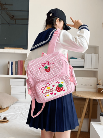 1 pieza Mochila con bordado lindo de fresa, bolso escolar, mochila de viaje portátil. Mochila escolar, mochila para libros, mochila para la escuela, de gran capacidad, clásica y casual, ligera, adecuada para adolescentes, mujeres, estudiantes universitarios, secundaria, primaria, exterior, viajes, excursiones, festividades, y linda cartera con forma de fresa