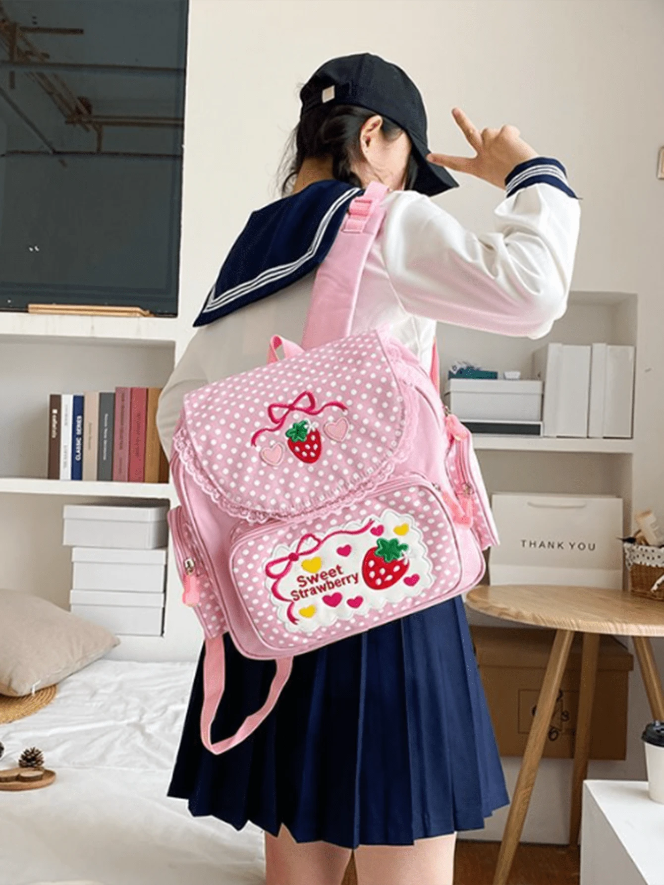 1pc Cute Embroidered Fruit Strawberry Lace Backpack, Student School Bag, Portable Travel BackpackSchool Bag,School Bookbag,Backpack For School,Large Capacity,Classic Casual,Lightweight, Suitable For Teen Girls Women College StudentsMiddle School, High School,Outdoors, Travel, Outings,Holiday,Elementary School, & Cute Strawberry Purse, Strawberry - Pink - View 1