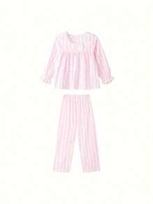 Annil Conjunto de pantalones de manga larga con estampado de corazón de cuello cuadrado con encaje para niñas preadolescentes, nuevo y lindo con moño para primavera y otoño