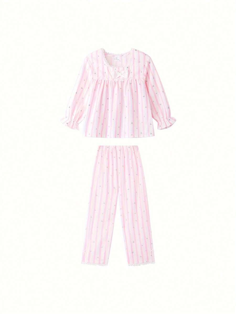 Annil Conjunto de pantalones de manga larga con estampado de corazón de cuello cuadrado con encaje para niñas preadolescentes, nuevo y lindo con moño para primavera y otoño