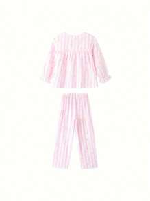 Annil Conjunto de pantalones de manga larga con estampado de corazón de cuello cuadrado con encaje para niñas preadolescentes, nuevo y lindo con moño para primavera y otoño