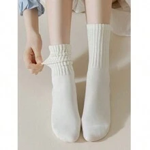 Sports Outdoor 3 Pairs Spring And Summer Seasons Women's Classic Calf Socks ,Women's Mid Tube Socks Stacked Socks,Breathable & Comfy Mid Tube Socks,Comfy & Breathable All-Match Socks, Solid Color Sports Socks, Plus Size Solid Slouchy Comfort Mid-Calf Socks For Daily Use