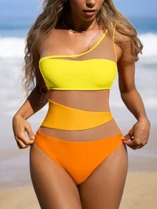 Women's Ombre Mesh Splice Sexy One-Shoulder Sleeveless Swimsuit, Suitable For Summer Beach Vacation - Orange - View 3