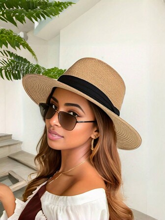 1 件男女通用时尚百搭防晒宽边巴拿马风格草帽，适合海滩、户外运动和日常使用