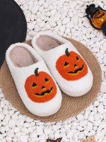 Dép Lông Thú Halloween Dành Cho Người Cao Tuổi Với Thiết Kế Quả Bí Ngô, Mũi Tròn, Dép Ấm Áp Trong Nhà Cặp Đôi, Mùa Đông, Phong Cách Dễ Thương Cho Nữ - trắng - Xem 4