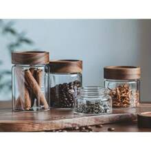 1 pieza Tarro de almacenamiento para condimentos con tapa de madera retro - Clásico contenedor transparente para organizar especias, té y talla grande - Accesorio para la cocina del hogar y viajes para preservación y organización
