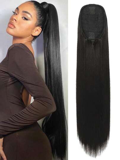 Ponytail Extensions Drawstring Long Straight Fake Pony Tail Natural Soft Clip In Hair Extension Synthetic Heat Resistant Hairpiece