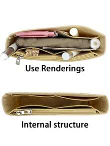 Baguette-Shaped Multi-Pocket Organizer Inner Bag, Felt Fabric Zipper Cosmetic Bag, Suitable For Women's Cosmetics And Portable Travel Wallet, Multi-Layer Compartment Design - Beige - View 4