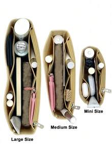 Baguette-Shaped Multi-Pocket Organizer Inner Bag, Felt Fabric Zipper Cosmetic Bag, Suitable For Women's Cosmetics And Portable Travel Wallet, Multi-Layer Compartment Design - Beige - View 3