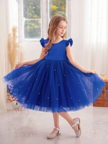 Young Girl Royal Blue Ruffle Trim Mesh Princess Party Dress, Suitable For Girls Birthday Party, Prom, Christmas, Casual, Instrument Performance, Stage Show, Holiday Celebration - Blue - View 8