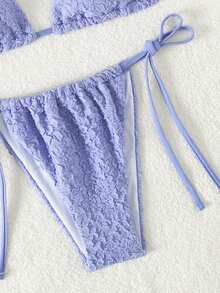 Women's Solid Color Textured Fabric Halter Neck Bikini Set Summer - Purple - View 5